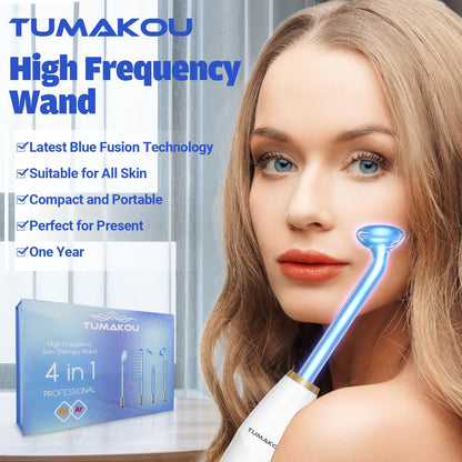 High Frequency Facial Device - TUMAKOU Blue High Frequency Facial Wand - Portable High Frequency Machine with 4 Fusion Neon + Argon Wands