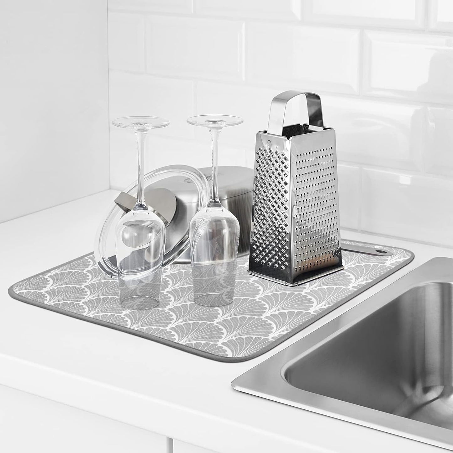 SHIYUE Dish Drying Mat for Kitchen Counter Super Absorbent Spring Kitchen Decor Microfiber Drying Matainers Rack Fast Pad Dish Drainer Mats(Grey Shell Geometric,16''x18'')