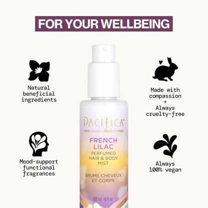 Pacifica French Lilac Perfumed Hair & Body Mist, Alcohol-Free Spray Designed For Head-To-Toe Wear, Vegan & Cruelty-Free, 6 Fl Oz