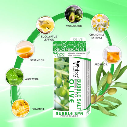 Pedicure Kit Foot Soak Set: Bubble Salt, Sugar Scrub, Massage Mask, Massage Lotion in a Box, 4 Step Foot Spa Kit for Dry Feet,Tired Feet (1 Set Olive)