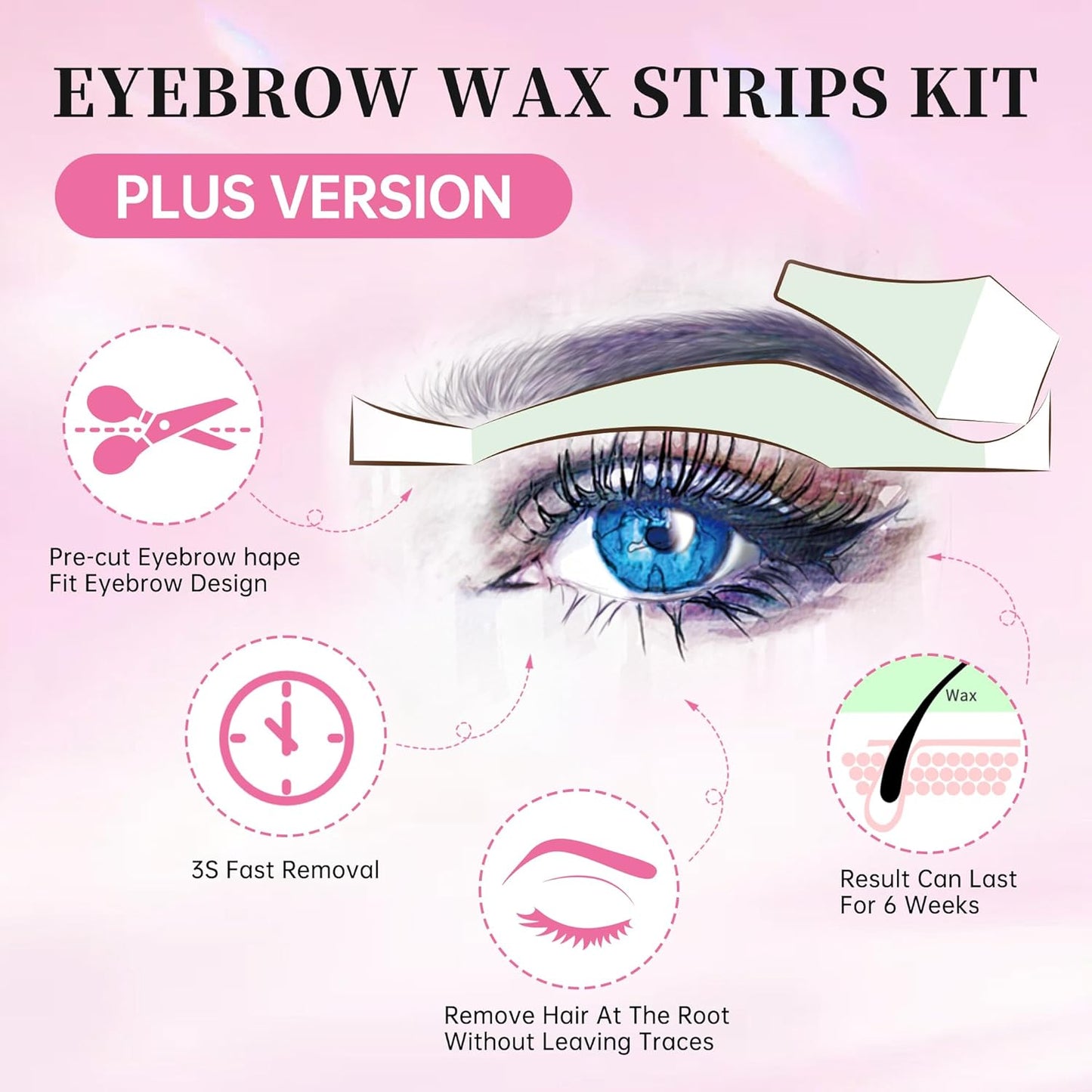 Beauty7 Fit Eyebrow Wax Strips Plus Volum, Pre-cut Facial Hair Removal, Lip Hair Removes, at Home Waxing 48 Strips, 6 Calming Oil Wipes, for All Skin Types Women