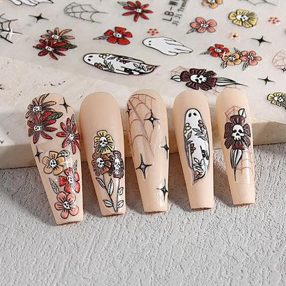 5 Sheets Halloween Nail Art Stickers Horror Ghost Self-Adhesive Embossed Flower Skull Nail Decals - with Cute Sunflower Strawberry Spider Ghost Designs for Women Girls DIY Nail Decoration