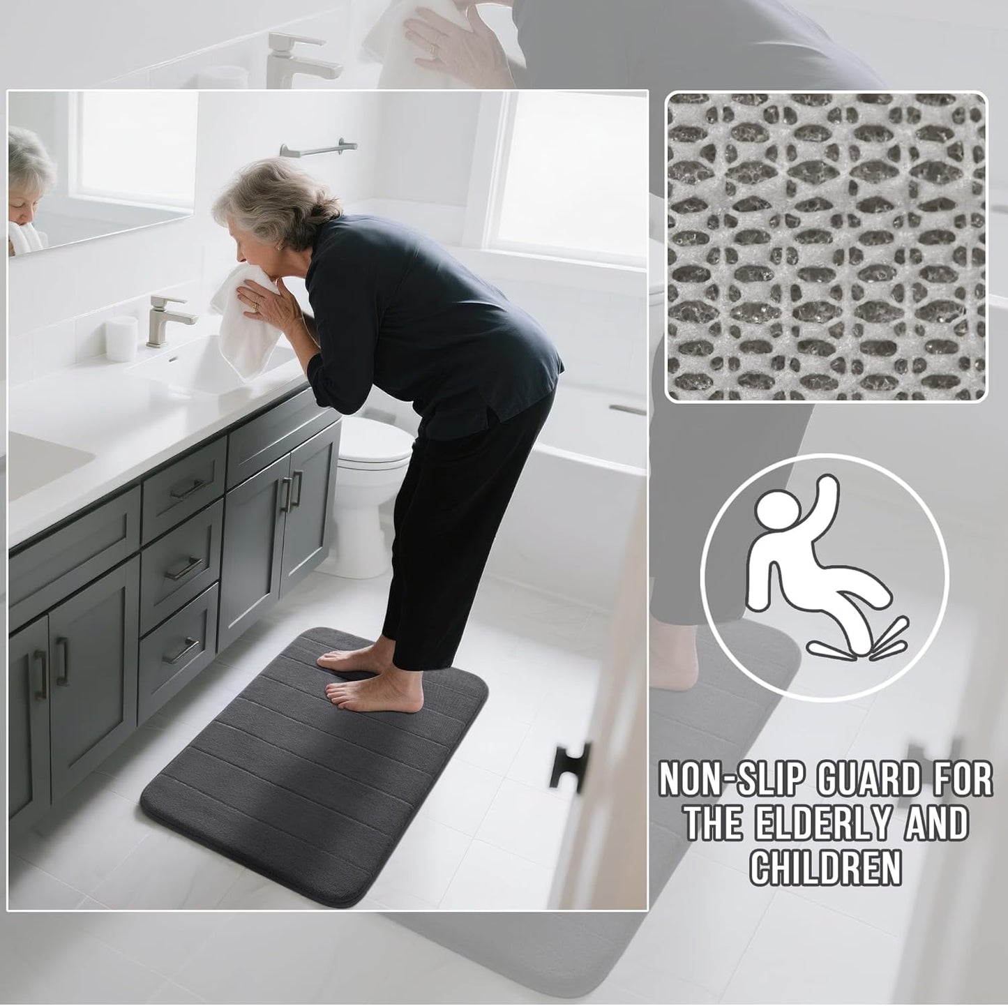 Yimobra Long Bath Mat 44"x24", Super Soft Quick Dry Memory Foam Bathroom Rug, Water Absorbent, Non Slip Backing Machine Washable for Tub Shower, Thick Comfort Support, Dark Gray