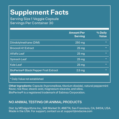 MDacne DIM Skin Clearing Supplements (30 Vegan Capsules) - for Acne Treatment, Estrogen Balance, Hormone Menopause Relief & Bodybuilding, Cruciferous Extract & Bioperine (30 Count (Pack of 1))