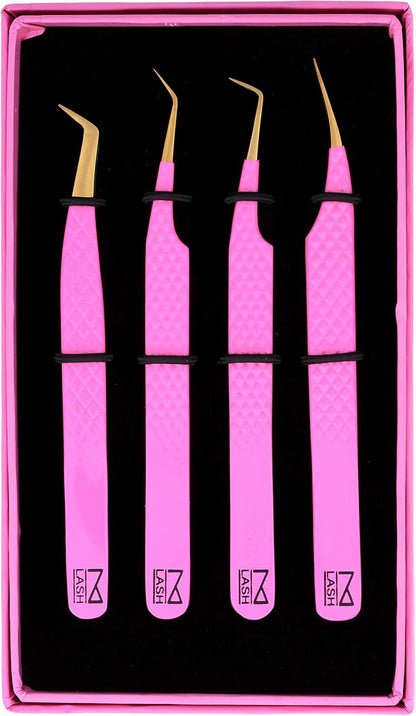 M LASH Eyelash Extension Tweezers (Set of 4) - Professional & Precision Lash Tweezers for Eyelash Extensions - Japanese Steel, Diamond Grip, Fiber Tip V3 (Pink)