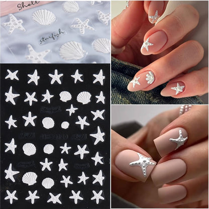 5D Embossed Ocean Nail Stickers, Summer Hibiscus Flowers Sticker for Nails Art Self-Adhesive Floral Decals Starfish Sea Shell Jellyfish Tropical Nail Stickers Pegatinas para Uñas
