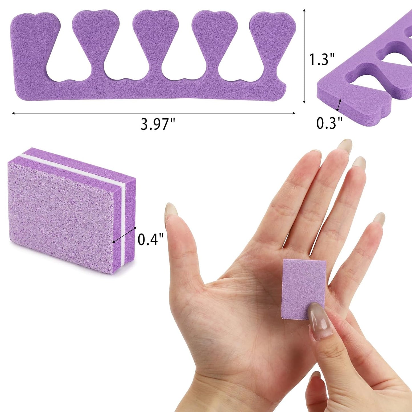 102pcs Toe Separators Set - Premium Pedicure Tool Super Soft Pedicure Toe Separator- Mini Nail Buffer Block File 80/100 Grit 2 Sided, Purple