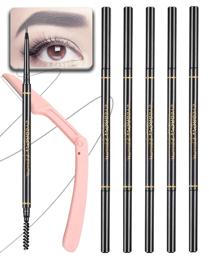 Gray Eye Brow Pencils for Women, 6Pcs Waterproof Eyebrow Pencil, 1.5mm Micro-Fine Tip & Spiral Brush with Brow Razors Perfect for Creating a Natural and Delicate Eyebrow Look Makeup
