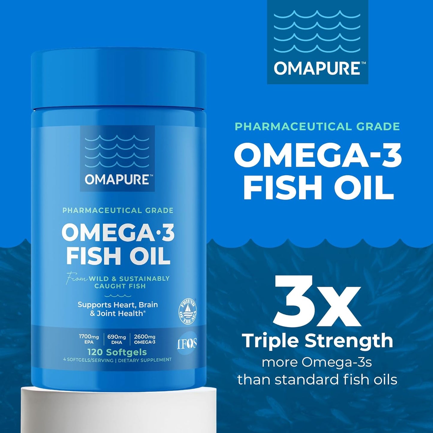 Fish Oil Supplements with Omega 3 Fatty Acids (3 Bottles, 120 Softgels) - High EPA, DHA, & IFOS Fish Oil Pills Support Heart & Joint Health - Burpless Fish Oil Promotes Brain Function