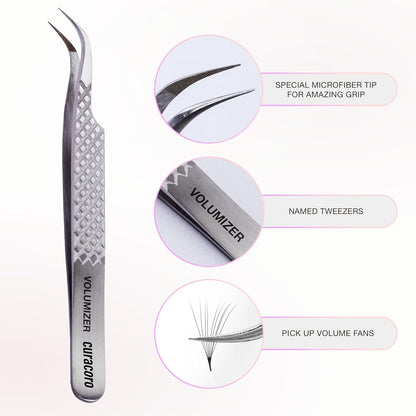 Curacoro Lash Tweezer - Professional & Precision Fiber Tip Grip Lash Tweezers for Eyelash Extensions, Multi Shapes & Purposes Tweezers for Volume, Isolation & Classic Lashes (Silver, Volumizer)
