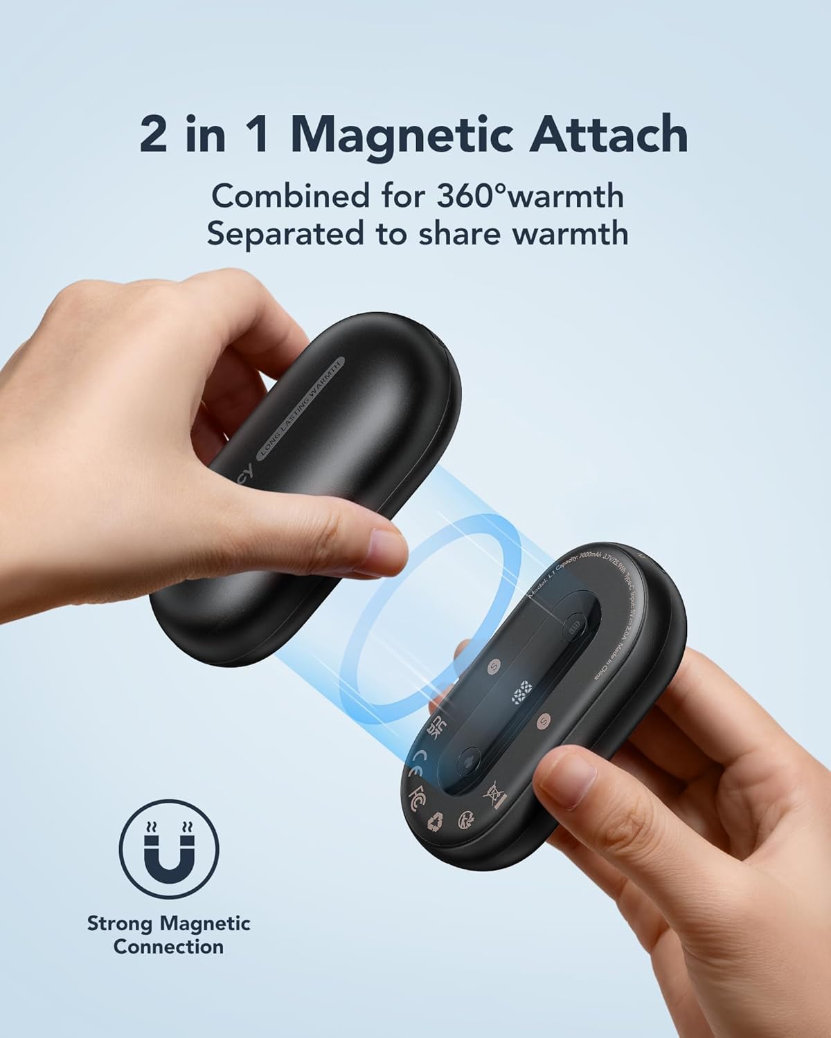 Hand Warmers Rechargeable 2 Pack, Magnetic Alloy Handwarmer 7000 mAh Reusable, Instant Heating UP to 131°F, 15 Hours Long Lasting Palm Pocket Heater, Gifts Packing for Christmas,Hunting,Camping,Golf