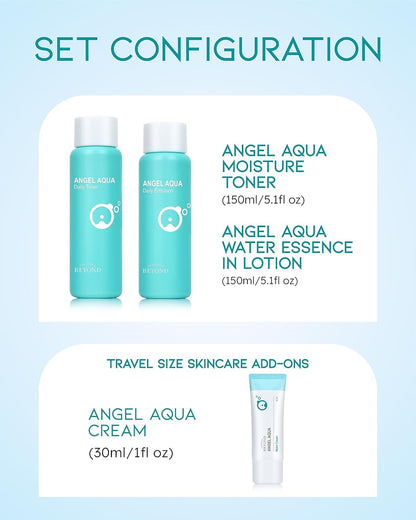 BEYOND Angel Aqua Moisture Skincare Set (Skincare Set, 11.2fl oz , 3-Piece Set) - Vegan Formula Korean Skin Care for Dry & Rough Skin , Hyaluronic Acid, Cica, Pantenol