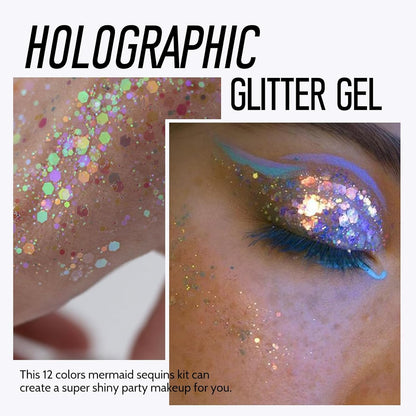 Ownest 12 Colors Holographic Chunky Glitter Gel Set, Christmas Party Makeup Face Body Eye Lips Hair Nail Cosmetic Festival Chunky Glitter Eyeshadow, Mixable, No Need Glue(B)