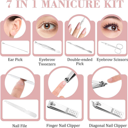 12 Sets Manicure Set, 7 in 1 Stainless Steel Nail Care Kit, Sturdy Manicure Tool Kits with Travel Case, Nail Grooming Kit Gift, for Men and Women(6 Colors)