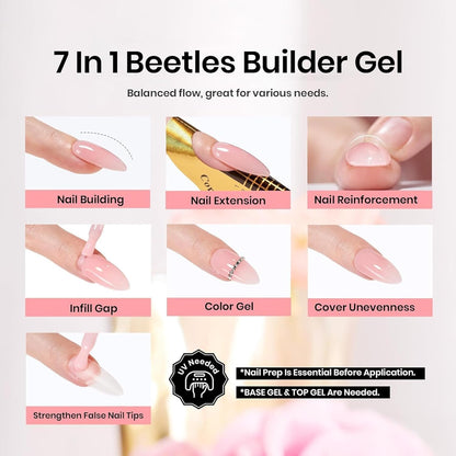 Beetles Builder Gel for Nails 7 in 1 Cover Nude Translucent Builder Strengthener Gel for Nail Extension, Need Base Coat