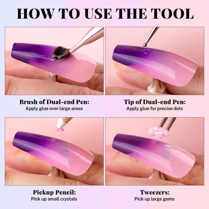 3D Flowers, Manicure Kit with Gel Glue, Colorful Acrylic Flower Nail Charms with Caviar Beads, Rhinestones + Gem Glue for Nails (UV/LED Needed) with Dotting & Pickup Tools