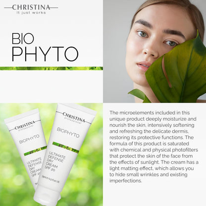 Christina Bio Phyto Ultimate Defense Day Cream Moisturizer with SPF 20-75 ml - Broad Spectrum UVA/UVB Protection Facial Moisturizer with Hyaluronic Acid & Vitamin B12- For Normal & Combination Skin