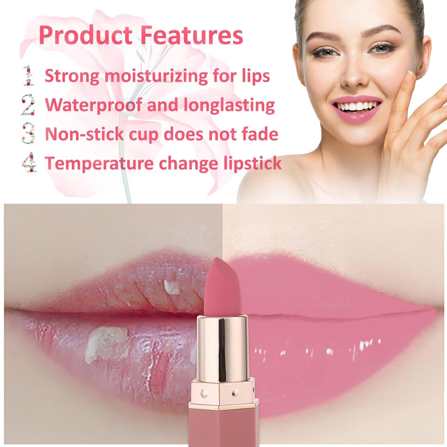 1 Pack Crystal Flower Jelly Lipstick,Magic Color Changing Lipstick,PH Clear Temperature Color Changing Lip Gloss,Lip Balm,Long Lasting Nourishing Moisturizing Lip Stick Set H02