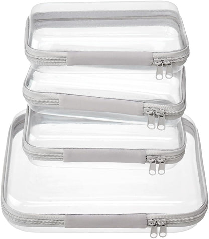 4 pcs Clear Zipper Pouches,Hard Shell Zipper Case, Toiletry Bag for Travel, CLear Diaper Bag, Toiletry Pouch, Travel Organizer, Clear Cosmetic Bag,Toy Storage Bins (M+3S) (Gray)