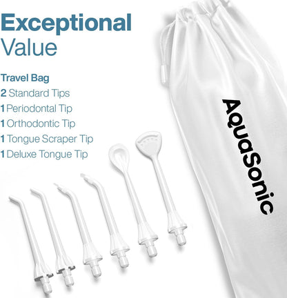 AquaSonic Aqua Flosser PRO - Rechargeable Cordless Water Flosser for Teeth, Gums & Tongue - Modern Design, 300ml Large Tank, 6 Jet Tips with Deluxe Tongue Nozzle, 3 Modes, Waterproof Optic White