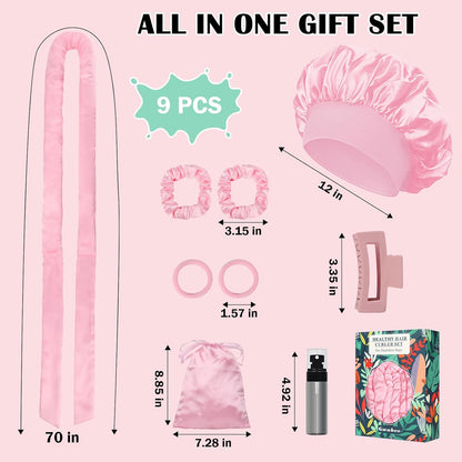 Satin Heatless Curls Overnight Hair Curlers to Sleep In Hair Curler Rollers No Heat Hair Wrap for Curls Headband, 70" Satin Heatless Curling Rod Set for Women Long Waves Hair Volume -Pink 9PCS