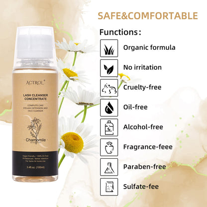 Eyelash Cleanser Concentrate 100ml Chamomile Professional Lash Shampoo Foaming Cleanser Paraben & Sulfate Free Non-lrritating Wash for Extensions Lashes with Salon Home Care-Makes 20 Bottles