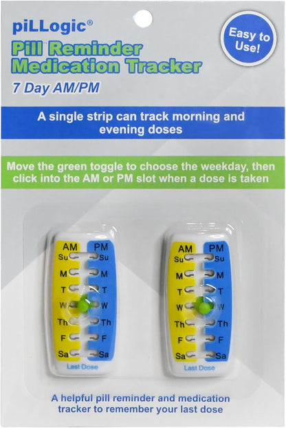 Pill Reminder Medication Tracker 2PK Single Strip can Track Morning and Evening doses. Use on Prescription vials, Pill Bottles, Vitamins, pet Medicine Flat or Curved Surfaces