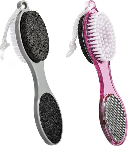 Pumice Stone Brush for Feet 4 in 1, Foot File Callus Remover, Foot Rasp and Sand Paper Pedicure Tools with Handle, Shower Foot Scrubber, Soft Smooth Feet for Home Foot Care,2 Pack