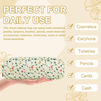 Waterproof Small Floral Pencil Case Makeup Bag for Purse,Cute Flower Pencil Pouch Preppy Nylon Makeup Brush Holder with Zipper,Girls Portable Storage Case Pen Bag for Work(Slim Light Yellow-Flowers)