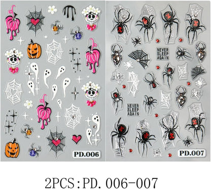 2Pcs Halloween Nail Stickers 5D Embossed Self Adhesive Day of The Dead Nail Decals with Cute Ghost Design Spider Web Pumpkin Nail Art Stickers Halloween Nail Supplies Nail Art Decoration for Women