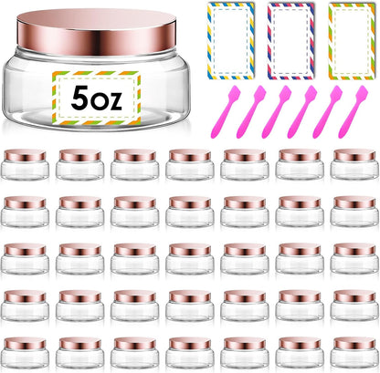 36 Pack 5 oz Plastic Cosmetic Containers With Lids Refillable Clear Empty Travle Jars Containers for Body Butter,Sugar Scrubs,Cream,Lotions,Candy, Waterproof Label&Spatulas - (Rose Gold Lid)