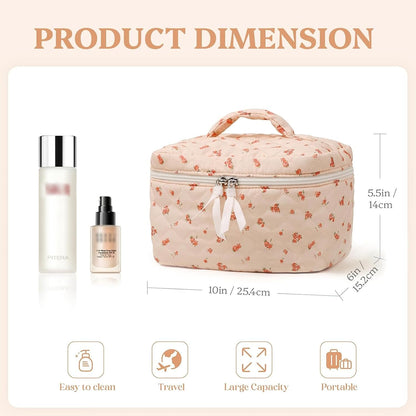 Prite Large Makeup Bag for Women Quilted Floral Cotton Cosmetic Bag Cute Coquette Aesthetic Floral Travel Toiletry Bag (Pink Flower)