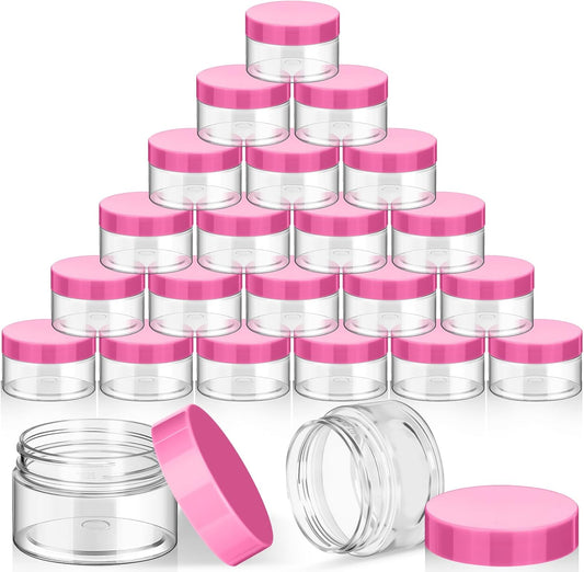 SATINIOR 24 Pieces Empty Clear Plastic Jars with Lids Round Storage Containers Wide Mouth for Beauty Product Cosmetic Cream Lotion Liquid Butter Craft and Food(Pink Lid,1 oz)