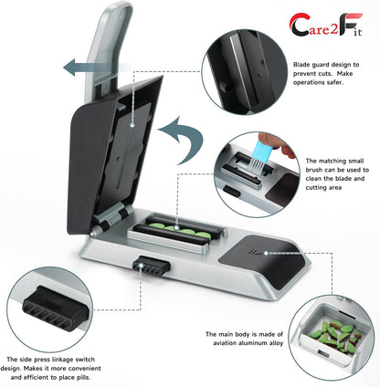 Auto Centering Pill Cutter Device, Pill Splitter Made of Aviation Aluminum Alloy with 402 Stainless Blade, Anti Cut Design,Ergonomic Operation Control,Designed in The USA (Silvery)