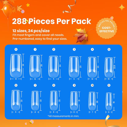 Beetles Gel Nail Tips Etch-X, Square Medium, 288Pcs 12 Sizes, Pre-Etched Half Matte Soft Acrylic False Nail Tips Full Cover Easy DIY Fake Press On Fall Nail Extension Salon Gift for Women
