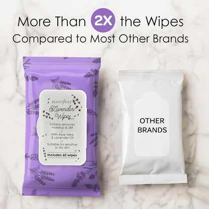 Lavender Face Wipes - 120 pcs - Gentle Makeup Remover Wipes for Women - Facial Cleansing Wipe with Aloe, Castor, Vitamin A and E - Extra Soft - Moisturizing