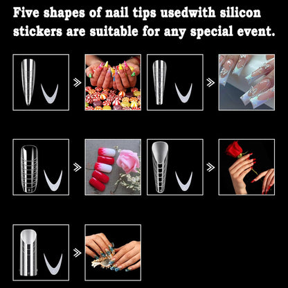 Allstarry 360pcs Nail Dual Forms, Silicone French Nail Forms for Poly Gel Nail Gel Extension Full Cover Acrylic Nail Tips 5 tpye nail form and Silicone Reusable Stickers for Nail Art Design