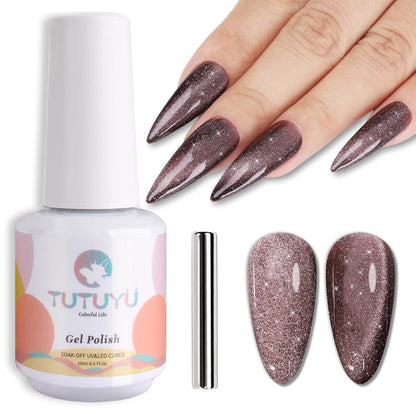 Brown Cat Eye Gel Nail Polish,Brown Reflective Holographic Shimmer Cateye Gel Polish with Magnet,Silver Shimmer Velvet Soak Off Uv Led Home Diy Manicure,Fall Winter Colors GP0104