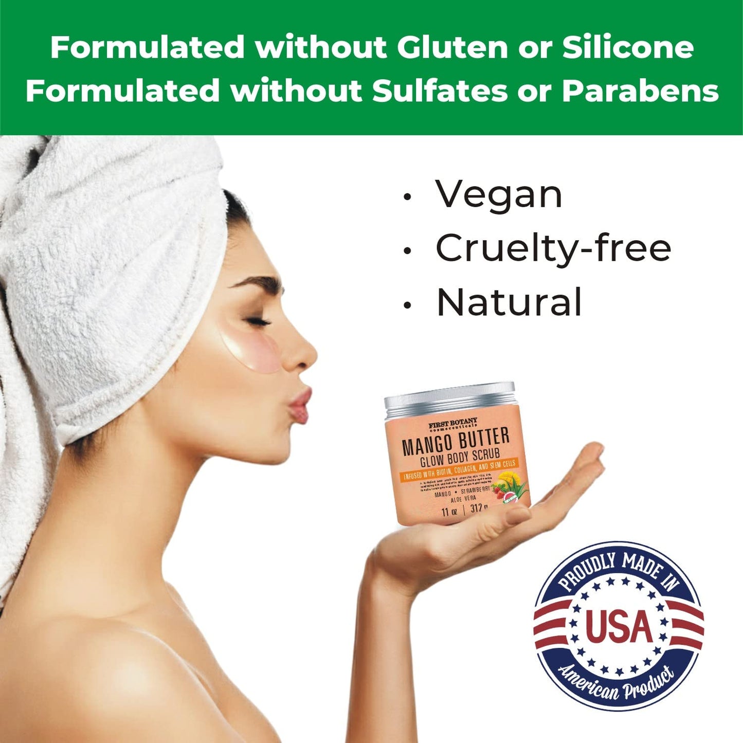 Mango Butter Body Scrub Exfoliator Biotin, Collagen, Stem Cells - Natural Exfoliating Salt Scrub & Body and Face Souffle helps with Moisturizing Skin, Acne, Cellulite, Dead Skin Scars, Wrinkles- 11 oz