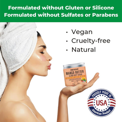 Mango Butter Body Scrub Exfoliator Biotin, Collagen, Stem Cells - Natural Exfoliating Salt Scrub & Body and Face Souffle helps with Moisturizing Skin, Acne, Cellulite, Dead Skin Scars, Wrinkles- 11 oz