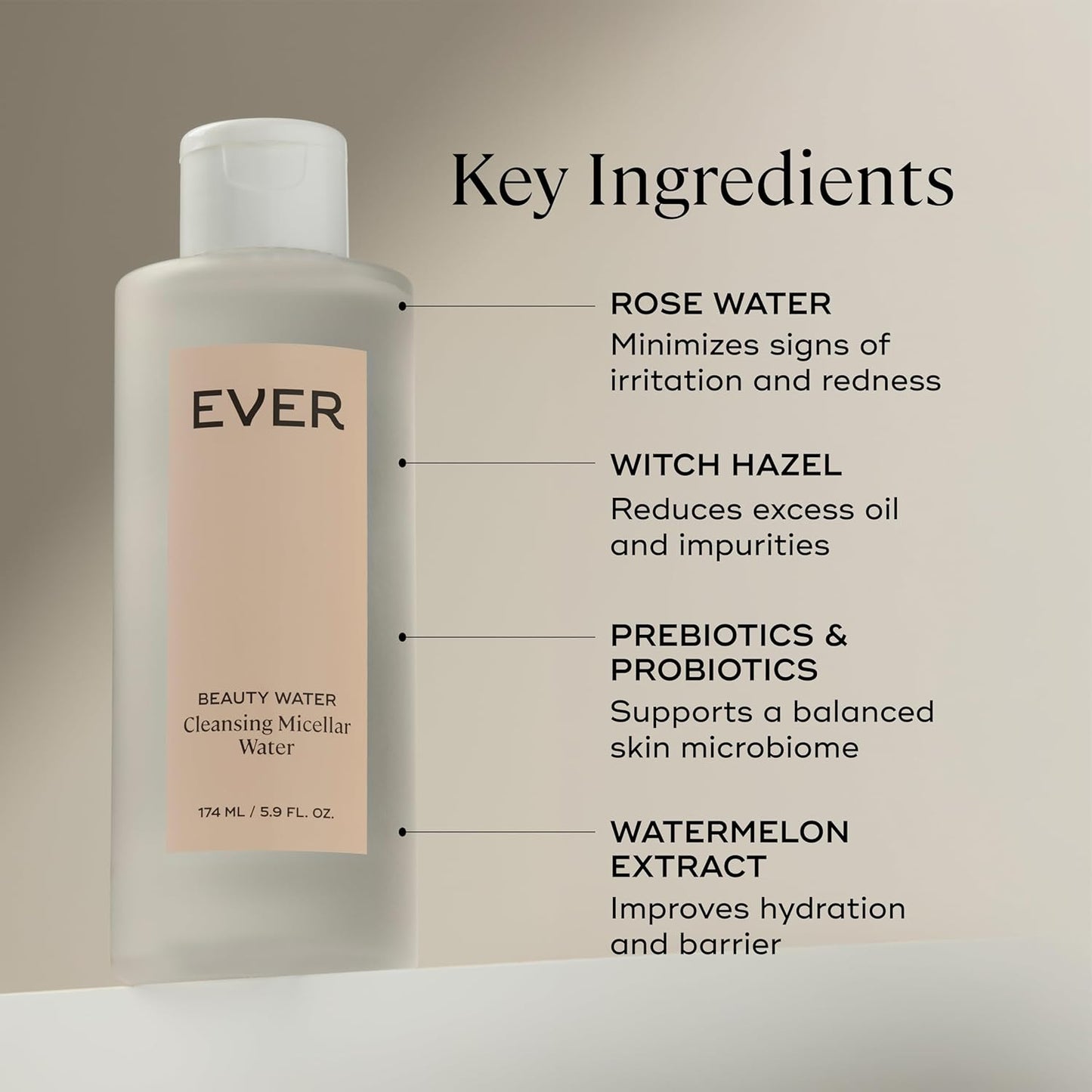EVER Beauty Water Micellar Cleaning Water & Eye Makeup Remover – Rose Water, Lactic Acid & Pro/Prebiotics Cleanser for Sensitive Skin, Removes Waterproof Makeup, Tones & Hydrates - 5.9 fl oz