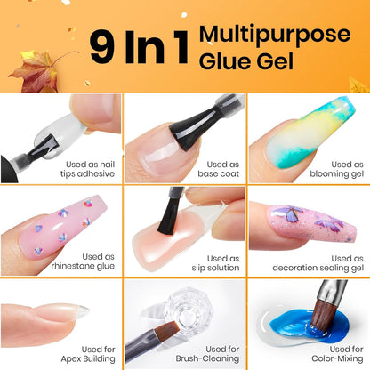 Beetles Top Coat Base Gel & Nail Glue Set-3Pcs No Wipe Top Coat Gel Nail Polish & Base Coat with 9 In 1 Nail Glue Shine Effect Long Lasting Soak Off Uv Light Lamp Diy Gift for Women & Girls