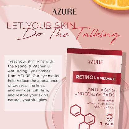 AZURE Retinol & Vitamin C Anti Aging Under Eye Pads - Hydrating & Refreshing Eye Mask Patches - Reduces Fine Lines, Wrinkles, Dark Circles & Puffiness - Skin Care Made in Korea - 5 Pairs