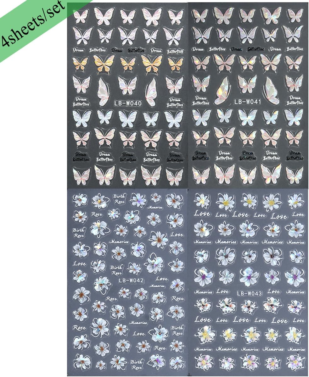 5D Embossed Spring Flower Nail Stickers, 4 Sheets Holographic Shiny Butterfly Nail Stickers, Cherry Blossom Nail Decals, Self-Adhesive Pegatinas para Uñas, Summer Floral Manicure Design