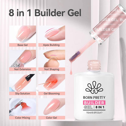 BORN PRETTY Builder Gel for Nails, 8-in-1 Milky Nude Natural Clear Builder Nail Gel for Nail Apex and Gel Extension Strengthener, Nail GLue Gel Hard Gel Base Rhinestone Nail Glue Gel in a Bottle 15ml