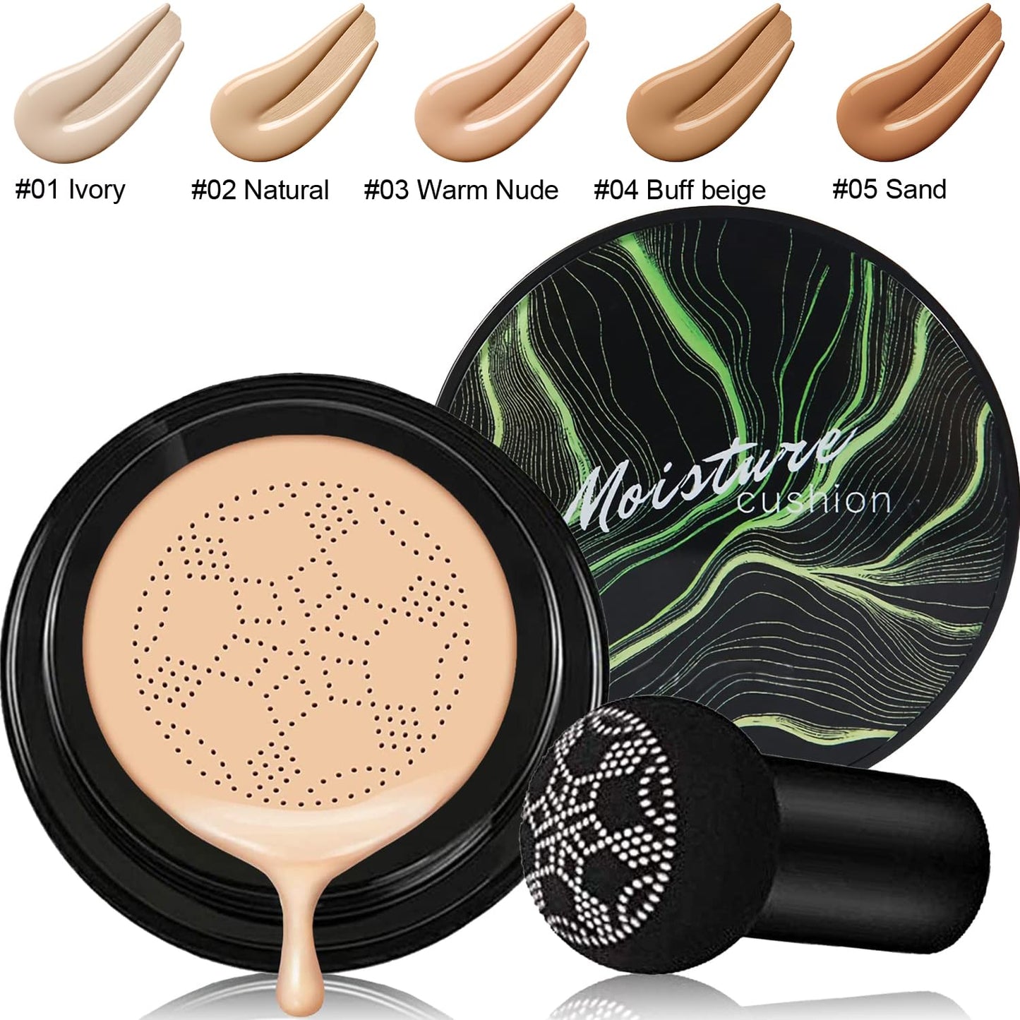 2 PCS Mushroom Head Air Cushion CC Cream Nature Foundation,Foundation Brush Powder Brush,Moisturizing Concealer, Bright Makeup Base Long Lasting with Mushroom Makeup Sponge (2PCS #01 Ivory)