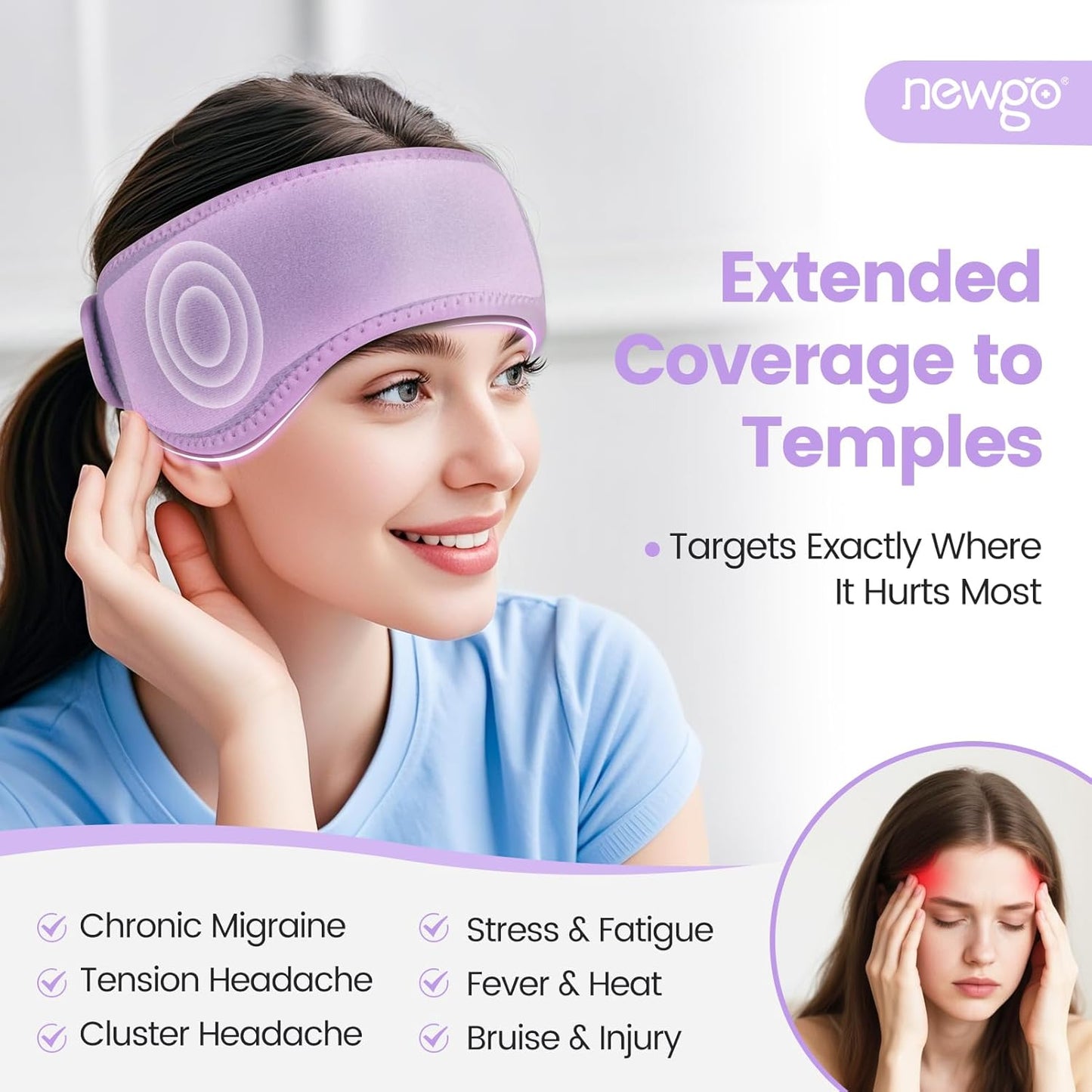 NEWGO Headache Ice Pack Head Wrap for Migraines, Cold Pack Head Ice Therapy Wrap for Headache Relief, Tension, Sinus Pain, Chemo, Head Injuries (Purple) 29.5" x 4.3"