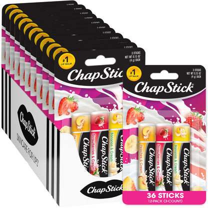 ChapStick Bulk Lip Balm, Fruit & Cream Collection, 3-Packs (12 Sets/36 Tubes) – Sweet & Delicious Lip Care, Birthday Gifts, Party Favors, Stocking Stuffers, 0.15 Oz Ea