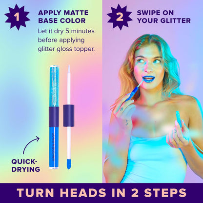 UNICORN SNOT Quiet Riot™ Plastic-Free Glitter Lip Duo | 2-in-1 Set w/Matte Lipstick & Sparkly Glitter Lip Gloss | Halloween Costume Makeup | 0.15oz Blue Lipstick & 0.16oz Gloss (Dream)