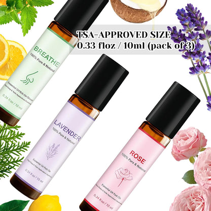 Coastacloud Essential Oils Blend Roll On Set of 3, Essential Oil Roller for Skin, Natural Aromatherapy Oils - Self Care Gifts for Women, Men, Nurse Essentials (Lavender, Breathe, Rose)